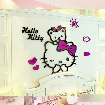 Hello kitty貓3D立體壁貼壓克力貼畫臥室兒童房床頭房間卡通裝飾品