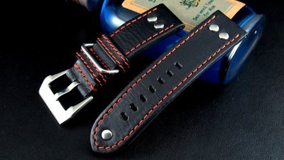 小沛的新衣banda德國軍錶vintage冒險風格鉚釘24mm直身黑色真皮錶帶panerai hamilton紅色縫線