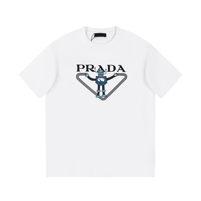 新款熱銷 PRADA新款短袖T恤字母機器人印花短袖簡單大氣寬鬆純棉圓領T 明星大牌同款