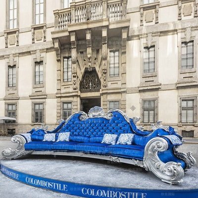 法式別墅實木雕花銀箔沙發歐式宮廷奢華藍色絨布大戶型定制沙發爆款