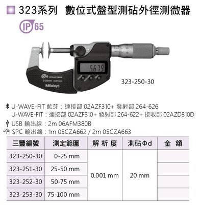 日本三豐Mitutoyo 323系列 數位式盤型測覘外徑測微器 數位式盤型測覘外徑分厘卡