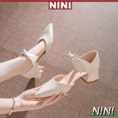 CK生活館【NINI】女鞋新款潮蝴蝶結尖頭中空高跟鞋女學生韓版粗跟性感時尚單鞋