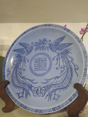 早期雙囍壽鳳凰玫瑰大瓷盤36.5cm