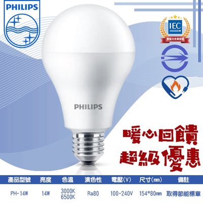 飛利浦❖基礎照明❖【PH-14W】LED-14W 高亮度球泡燈 黃光 白光 100-240V全電壓 適用於居家、商業空間