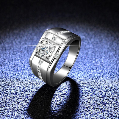 莫桑鑽（6.5mm）戒指 男s925純銀 指環 1克拉D色莫桑石 可過測鑽筆 帶鑑定證書 簡約大氣男戒婚戒