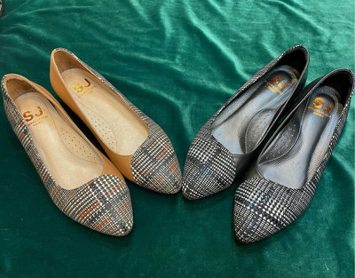 三輝皮鞋台灣製羊皮千鳥格格紋拼接尖頭粗跟低跟鞋通勤鞋，棕色/黑色，零碼特價現貨MIT