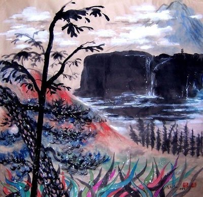1996年(附畫家親簽保證書)T典藏藝術家何大忠-大型水墨-情立高岩