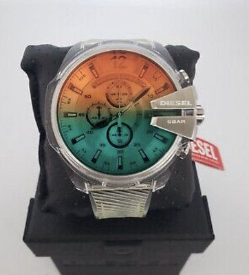 DIESEL Mega Chief 偏光彩色錶盤 透明橡膠錶帶 石英 三眼計時 男士手錶 DZ4515