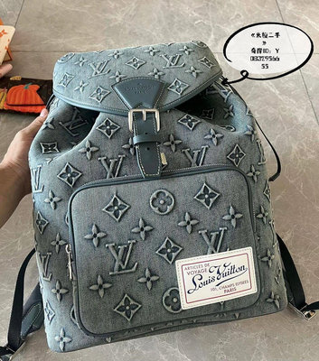 【正品】 LV 路易威登 圖案 Montsouris  複古老花牛仔藍雙 肩包 後背包M22534