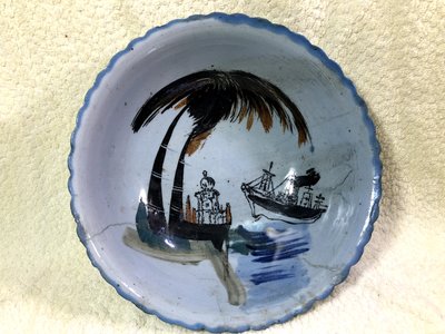 早期收藏  手繪彩繪椰子商船風景碗公