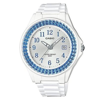 CASIO 卡西歐漾鑽水藍女王簡潔時尚風銀面阿拉伯數字指針日曆腕錶 型號：LX-500H-2B