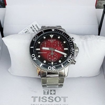 TISSOT SEASTAR1000  漸層紅色錶盤 銀色不鏽鋼錶帶 石英 三眼計時 男士手錶T1204171142100 天梭300米潛水錶 天梭海洋之星