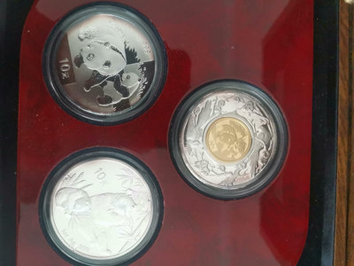2008年1/10盎司熊貓金幣一枚，2007，2008年銀幣
