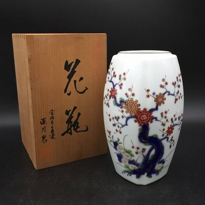 【日本古漾】342803 日本皇室御用 深川製磁花瓶  花器 共箱 色絵 直径8×高21cm