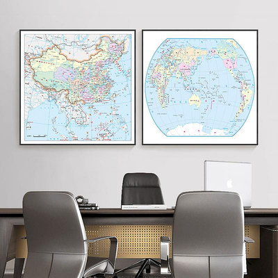 2023新版地圖掛圖辦公室背景墻裝飾畫帶框正方形高清世界地圖
