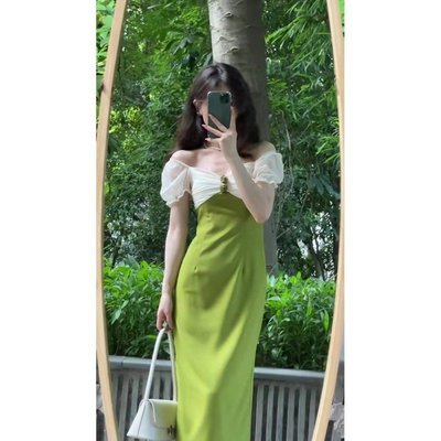 2023新法式復古連衣裙夏季宮廷赫本綠色拼接短袖顯瘦氣質小禮服長