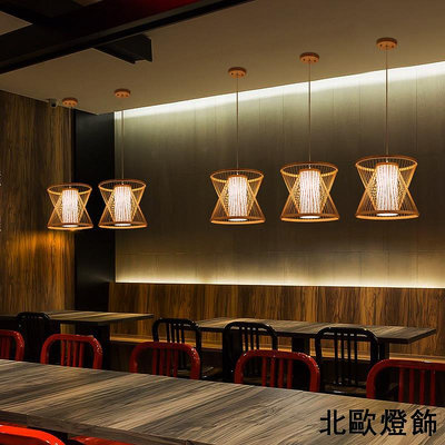創意日式餐廳吊燈 韓式簡約原木榻榻米客廳led木質竹編禪意茶室燈