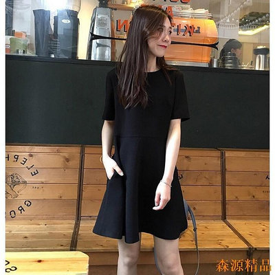 【熱賣精選】【X-style】女裝韓版洋裝 新款 短袖 顯瘦 小清新 純色 黑色 連衣裙 洋裝
