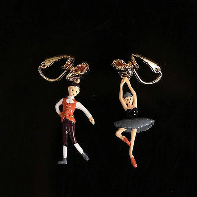 【Koaa海購】Les Nereides 時尚天鵝湖皇冠男女芭蕾舞者不對稱耳環琺瑯彩釉跳舞女