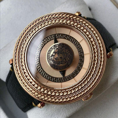 VERSACE V-Metal Icon 玫瑰金色錶盤 黑色皮革錶帶 石英 男士手錶 VQL020015