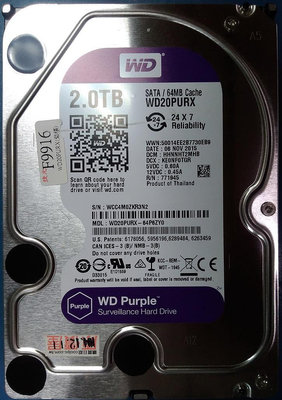中古 2TB WD WD20PURX 紫色 監控硬碟 5400 RPM SATA 6 漂亮很新 只要550元