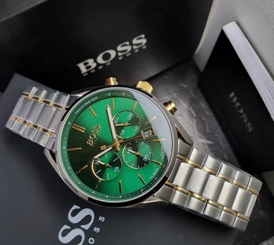 HUGO BOSS Champion 綠色面錶盤 銀色配金色不鏽鋼錶帶 石英 三眼計時 男士手錶 1513878