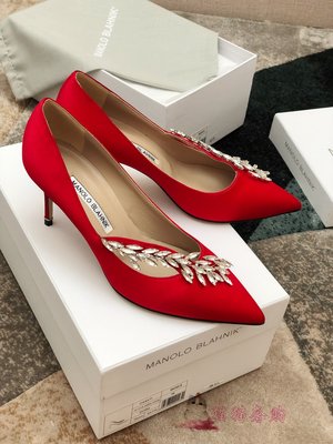 Manolo Blahnik/MB 23女鞋紅色婚鞋麥穗鉆扣綢緞面高跟細跟單鞋女