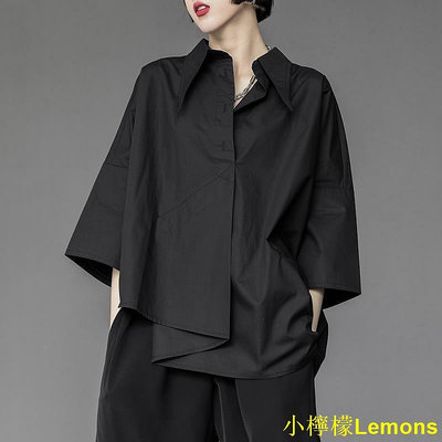 小檸檬Lemons夏季慵懶風寬鬆短袖黑色襯衫女設計感小眾不規則七分袖bf襯衫上衣