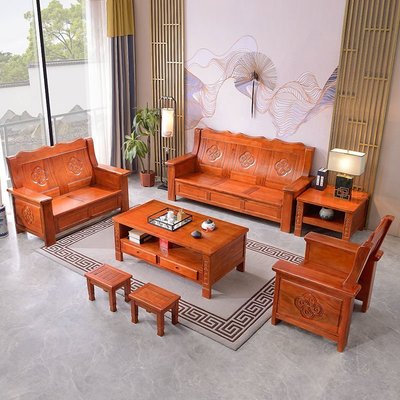 現貨-全實木沙發組合香樟木現代簡約新中式沙發客廳仿古經濟型椅子家具-簡約