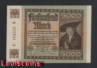 【Louis Coins】B1853-GERMANY - Reichsbank-1922德國紙鈔-5.000 Mark