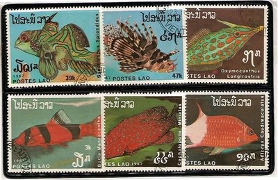 【流動郵幣世界】寮國1987年魚類銷印郵票(此標有送照片中小黑卡)