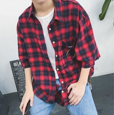 FINDSENSE MD 時尚 男 韓國 休閒 寬鬆 短版 格子 口袋鐵環裝飾 襯衣外套 格子襯衫 短袖襯衫
