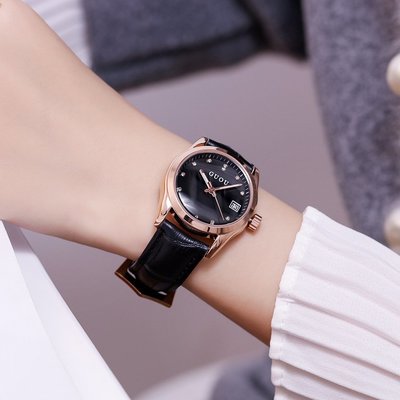 新款手錶女 百搭手錶女香港guou古歐手錶歐美時尚水鉆刻度帶日歷石英錶盤女款皮帶手錶女