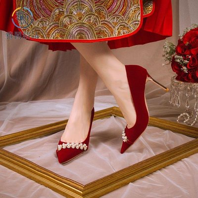不累腳婚鞋秀禾婚紗兩穿紅色新娘鞋小眾高級感婚禮百搭細高跟鞋女-雅閣精品