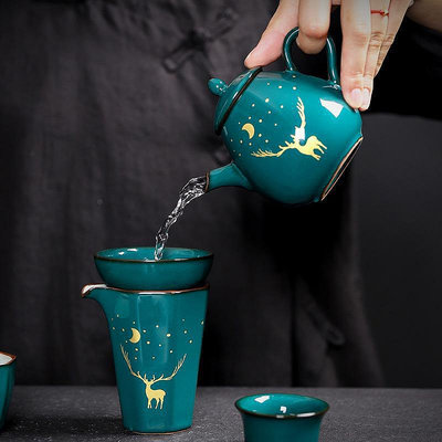 三友社 翡翠綠功夫茶具泡茶壺陶瓷手工側把壺復古單個家用小號沏茶沖茶壺qdd