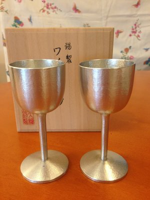 日本製 大阪錫器  錫製高腳酒杯一組/2pcs（木盒裝/展示品/特價品）
