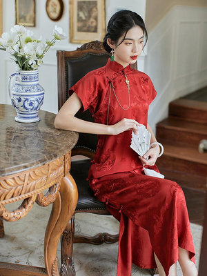 州記鳳求凰紅色旗袍敬服2023新款全開襟復古中式訂婚結婚禮服-多多百貨