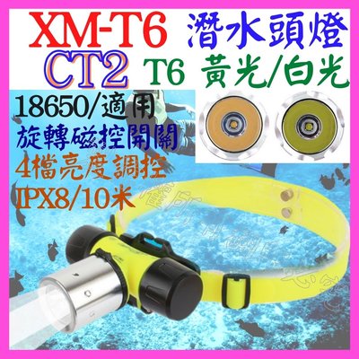 【購生活】 CT2 白光 潛水頭燈 磁控 T6 防水 頭燈 聚光杯 4號 18650 電池 10米 4檔 黃光