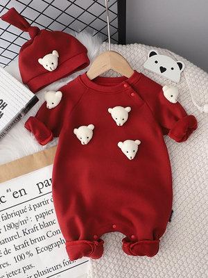 新生嬰兒冬季連體衣紅色拜年服男女寶寶滿月純棉拜年衣服百天秋冬