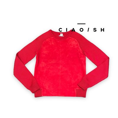 CIAO/SH 名牌精品店 HERMES 愛心紅cashmere+絲 前麂皮造型 長袖針織毛衣