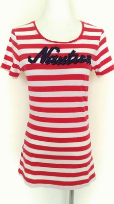 美國品牌 NAUTICA 緞帶立體拼字 紅白條紋 100%棉 純棉 圓領T恤 短袖上衣 長版 短袖T桖 女款尺寸 XS
