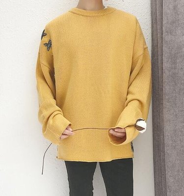 FINDSENSE Z1 韓國 時尚 潮 男 寬鬆 純色 織帶交叉 下擺開叉 毛衣 針織襯衫 外套 上衣