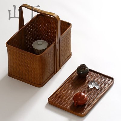 現貨熱銷-手提茶具收納盒復古中秋節食盒竹編筐茶箱糖果禮品竹盒熱銷