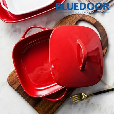 BlueD_ 雙耳烤盤 烤鍋 鍋蓋紅/白 烘培 長方型 焗烤盤 起司盤 長盤 烤箱 北歐風創意設計裝潢 新居入遷 送禮物