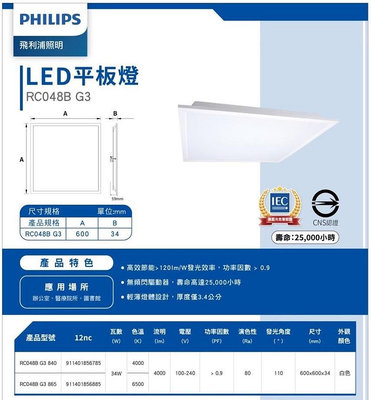 PHILIPS 飛利浦 LED 平板燈 2x2尺 34W RC048B (4000K自然光 / 6500K白光) 全電壓