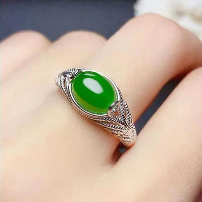 和田玉碧玉戒指女時尚個性玉石戒指活口滿綠蛋面玉指環可調節寶石
