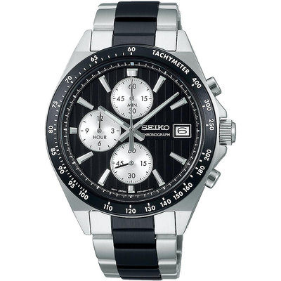SEIKO 精工 CS 高質感設計三眼計時腕錶/黑X銀41mm(8T67-00Y0D/SBTR043J)