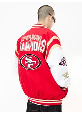 Cover Taiwan 官方直營 NFL 49人隊 超級盃冠軍 刺繡 棒球外套 嘻哈 寬鬆 紅色 大尺碼 (預購)