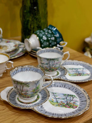 【二手】英國中古 Royal Albert 風景帶早餐盤咖啡杯兩件套 回流 收藏 中古瓷器 【天地通】-1947