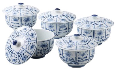 11627A 日本製造 好品質 和風花朵蓋碗五入組 日式藍釉彩繪蓋碗茶碗套裝陶器下午喝茶杯擺件禮品